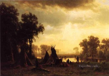 150の主題の芸術作品 Painting - インディアンの野営地 アルバート・ビアシュタット